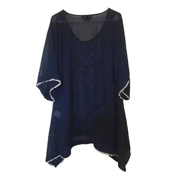 Lands' End Women's Navy Poly Georgette w White Embroidery Tunic Cover Up - Picture 6 of 11